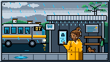 Portada del curso Su celular seguro desde cero: la misma mujer, con impermeable amarillo, espera bajo el techo de zinc de una parada de bus en un mediodía de lluvia y mira su celular bloqueado con un candado y un PIN, mientras llega un bus con el número 07 y un perro se resguarda bajo la banca.