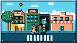 Portada del curso Ciberseguridad para niños desde cero: dos niños cruzan de la mano una calle de la colorida ciudad de internet frente al semáforo de los datos, con el búho guía encima.
