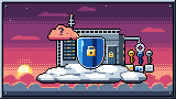 Portada del curso Seguridad en la nube: fundamentos: al atardecer, un centro de datos con racks y una puerta con teclado se apoya sobre una nube, protegido por un escudo azul con un candado, con tres llaves de colores según el rol y una nube intrusa con un signo de pregunta que choca contra el escudo.