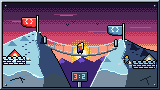 Portada del curso CTF Attack-Defense: atacar y defender servicios: al atardecer, dos cumbres nevadas frente a frente, cada una con su bandera roja o azul y su campamento amurallado, mientras una escaladora cruza el puente de cuerda entre las dos.