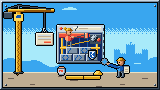 Portada del curso Desarrollo web básico: HTML, CSS y JavaScript: una página web en construcción: el marco del navegador con andamios, bloques con llaves, una pintora con rodillo y una caja de engranajes.