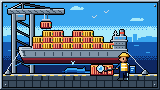 Portada del curso Docker: fundamentos y seguridad: a mediodía, el mismo carguero lleno de contenedores de colores sellados con precintos verdes, mientras la grúa sube uno más y en el muelle una inspectora con casco y chaleco revisa con una lupa un contenedor agrietado y una ballena nada junto al casco.