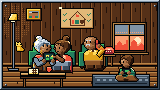 Portada del curso Familia segura en internet desde cero: la sala de la casa al atardecer con la abuela, el abuelo, la hija y el nieto, y el mapa de los aparatos de la casa en la pared.