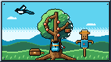 Portada del curso Git y GitHub para ciberseguridad: un árbol de día cuyas ramas se separan y se vuelven a unir con frutos en fila, una etiqueta de madera con sello de cera, un cofre con candado al pie, un espantapájaros que espanta a la urraca y un búho en el hueco del tronco.
