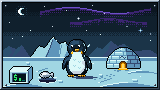 Portada del curso Linux básico: 15 comandos para empezar: un pingüino en la banquisa nocturna bajo una aurora, junto a su iglú iluminado, un pez y un bloque de hielo con un prompt.