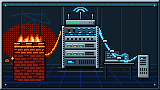 Portada del curso Redes para ciberseguridad: un rack de red con un router y cables de colores junto a un muro de ladrillos en llamas, sobre un piso de retícula.